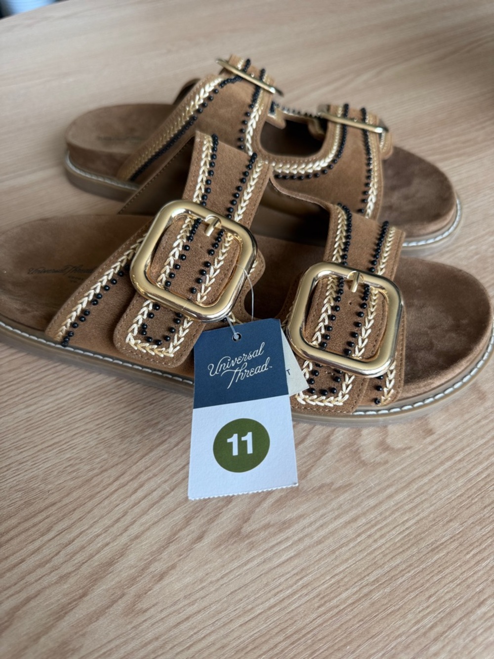 Universal Thread Beaded Double Buckle Sandals Brown Embroidered Size 11 NWT